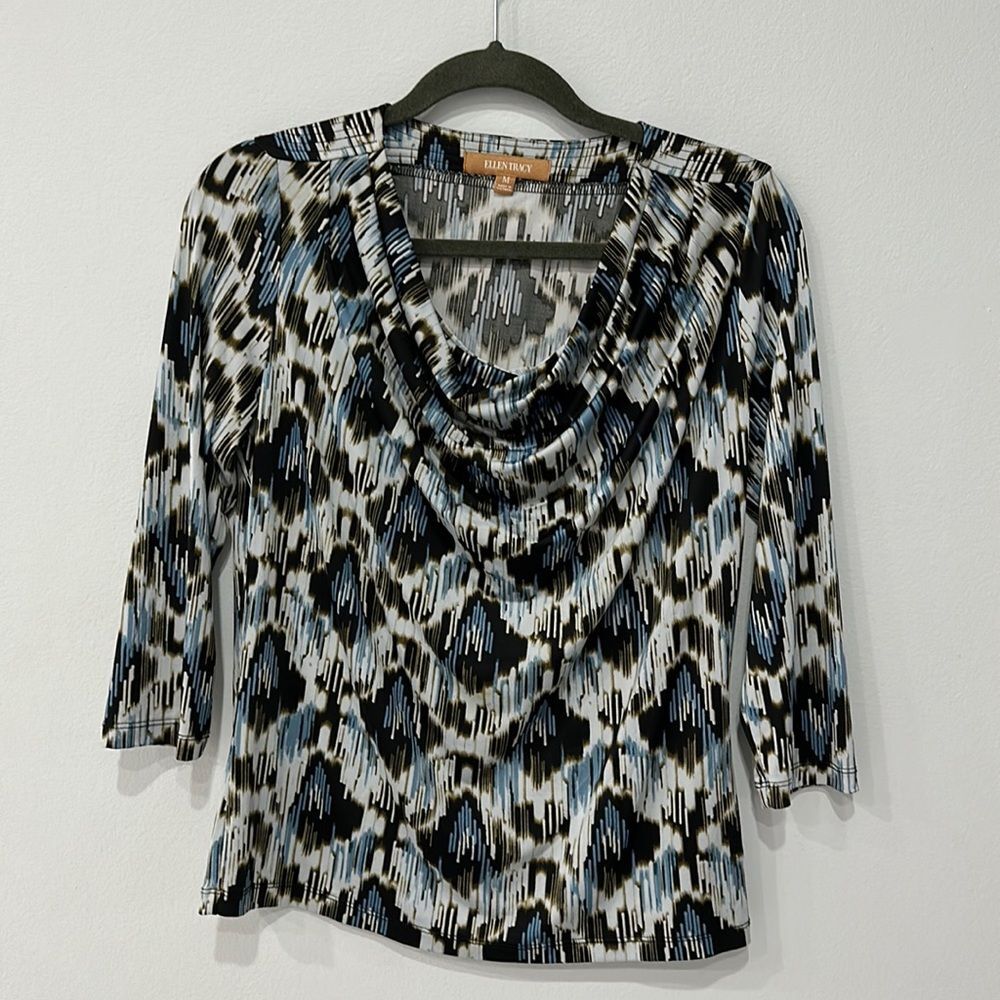 ELLEN TRACY Stretch Knit Polyester Mix Print Cowl Neck 3/4 Sleeve Top  Sz Medium